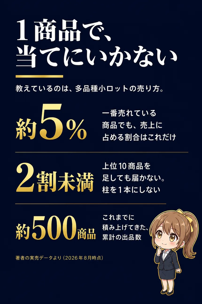 1商品で、当てにいかない。教えているのは、多品種小ロットの売り方。約5%: 一番売れている商品でも、売上に占める割合はこれだけ。2割未満: 上位10商品を足しても届かない。柱を1本にしない。約500商品: これまでに積み上げてきた、累計の出品数。著者の実売データより（2026年8月時点）。